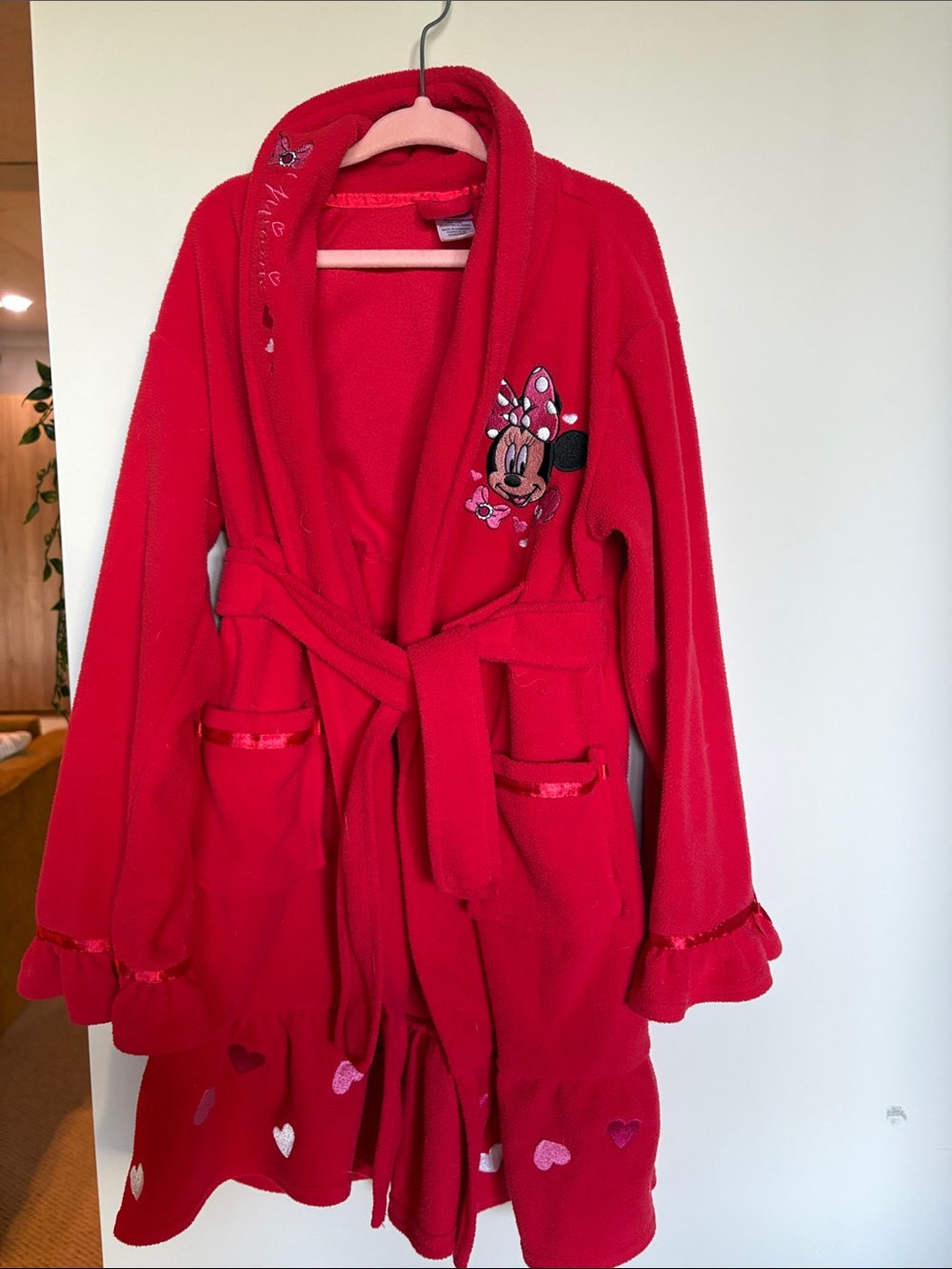 Disney Minnie Mouse Red Fleece Robe Hearts Ruffles Belted